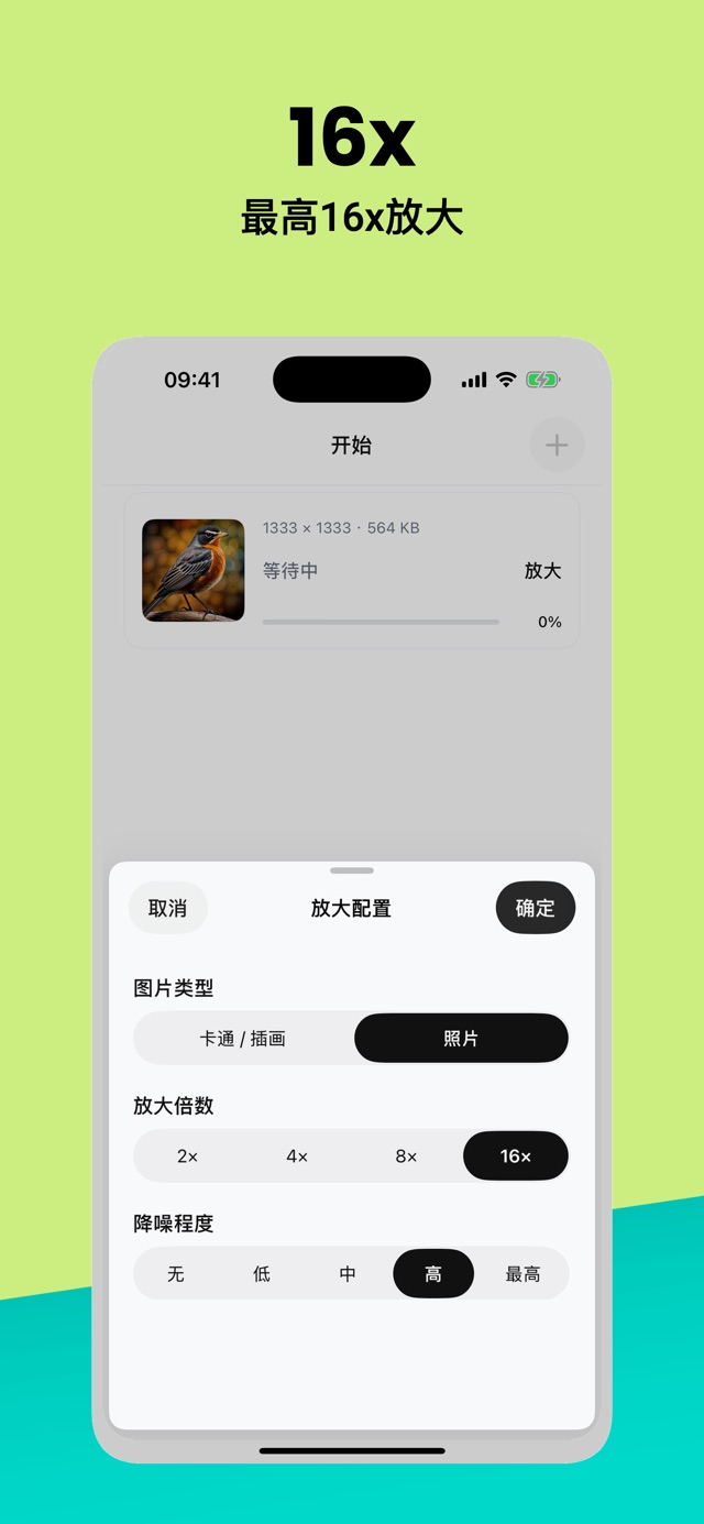 手机端放大配置面板，显示图片类型、放大倍数与降噪程度